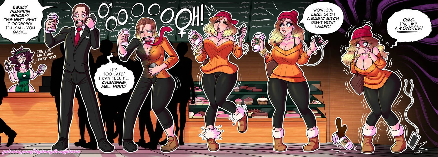Coffee shop comic strip: man transforms into a pumpkin-spice blonde girl.