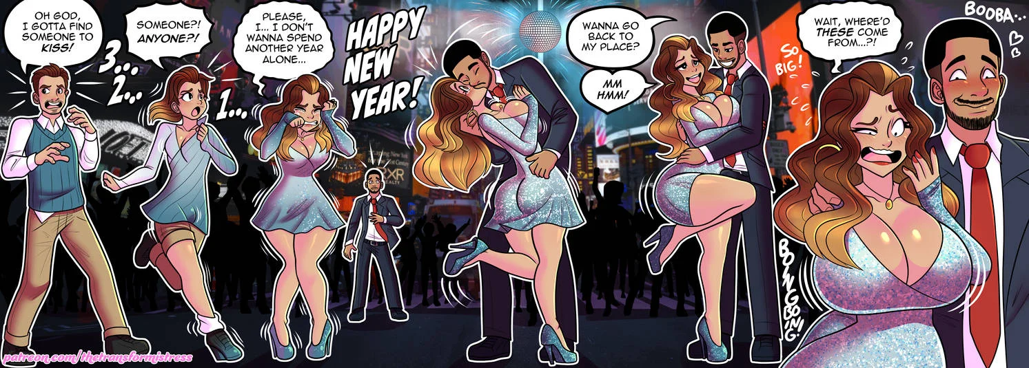 New Year party comic: man transforms into a curvy woman mid-dance.
