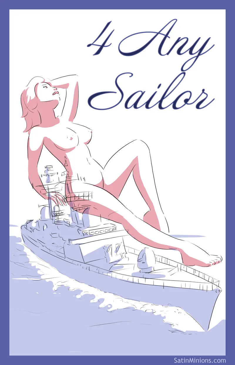 Cover: nude pin-up woman over a warship for Satin Minions comic 4 Any Sailor.