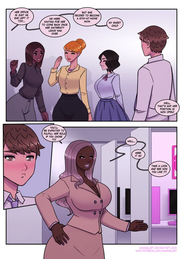 Comic: a job contract turns a guy into a cute office girl with a feminine ass and a new wardrobe.