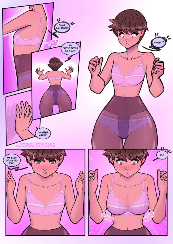 Comic: a job contract turns a guy into a cute office girl with a feminine ass and a new wardrobe.