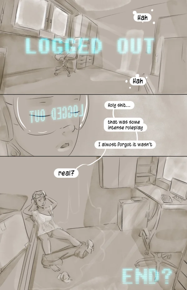 Cover: elf-eared VR avatar reaching out from a pod of cables, Satin Minions comic Crossworld VR.