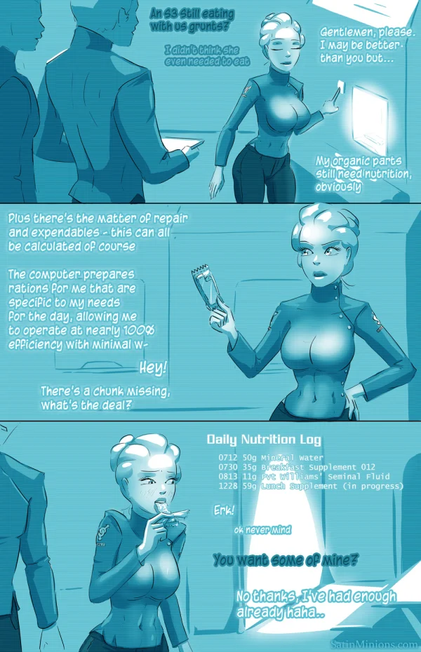 Cover: white-haired crew member holding a ration bar between two crewmates, Satin Minions comic Wetware: Network.