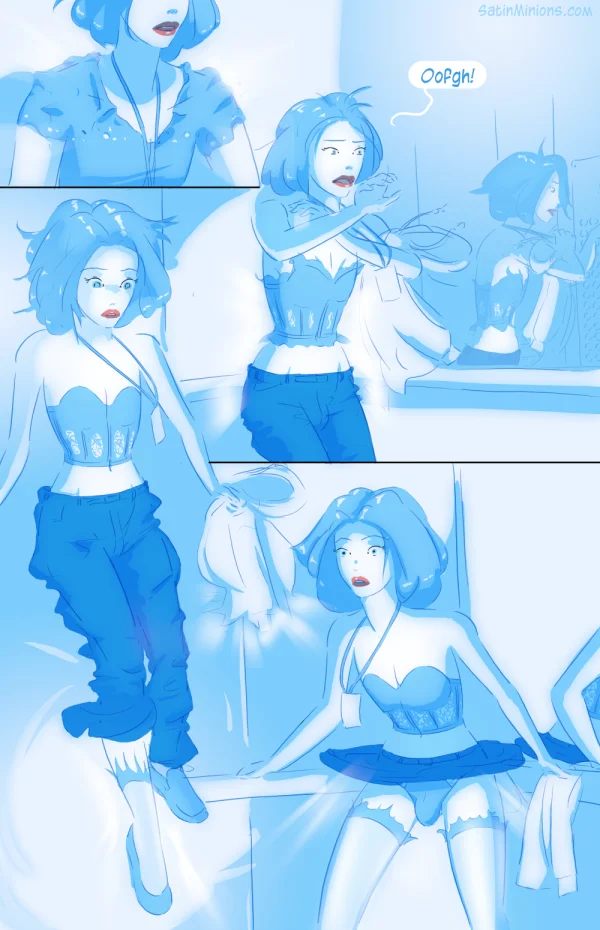 Cover: blue-haired office girl kneeling by a window for Satin Minions Entry Level Positions.