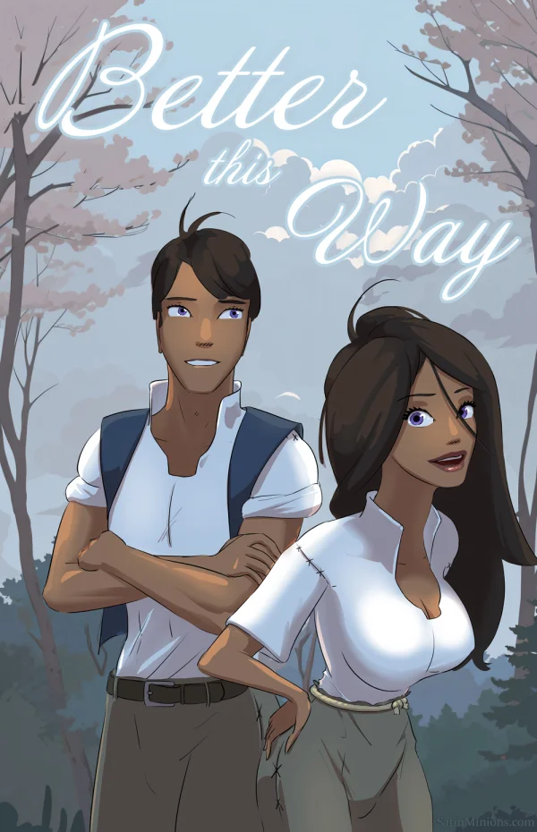 Cover: man and woman under cherry blossoms for Satin Minions comic Better This Way.