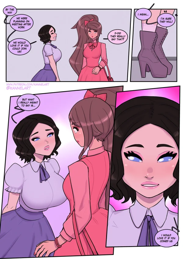 Comic: CYOA job path turns a guy into a pink-dress office girl who falls for her coworker.