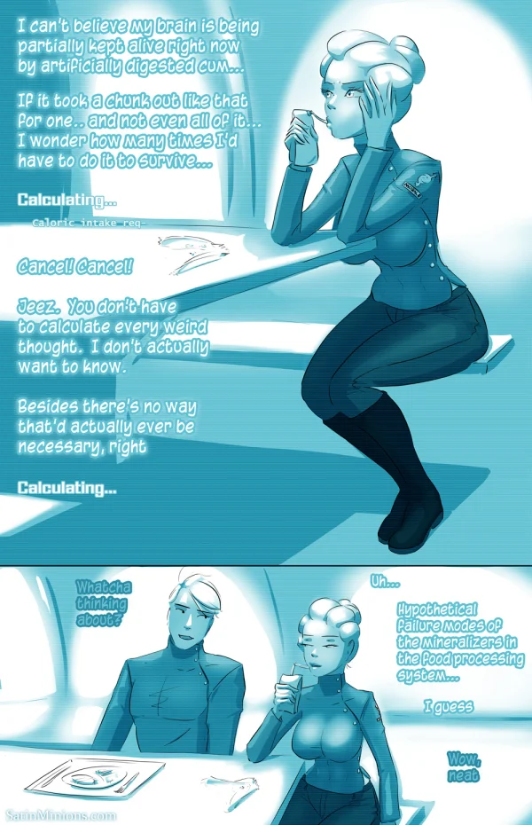 Cover: white-haired crew member holding a ration bar between two crewmates, Satin Minions comic Wetware: Network.