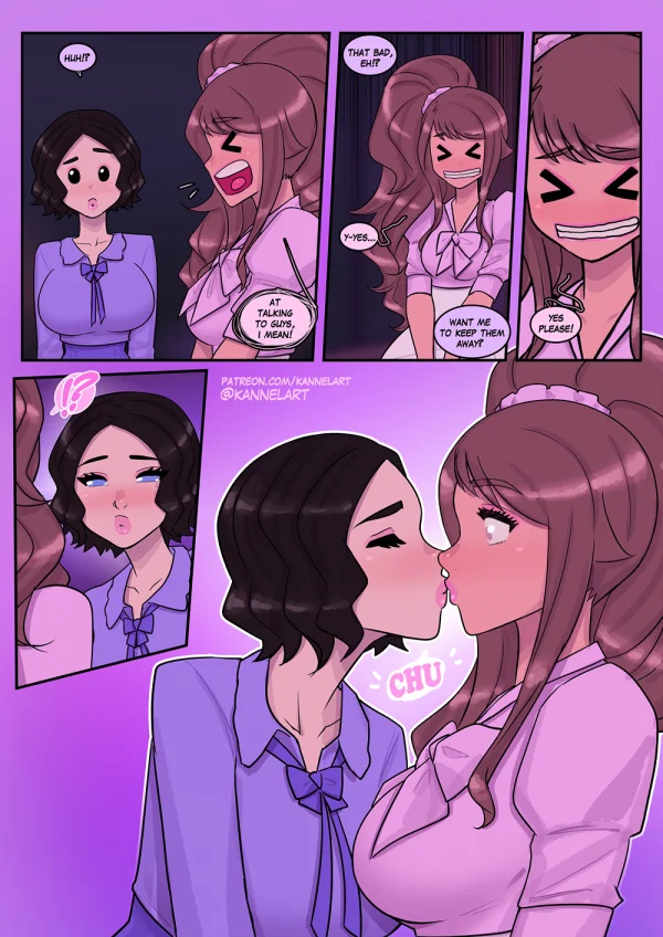 Comic: CYOA job path turns a guy into a pink-dress office girl who falls for her coworker.