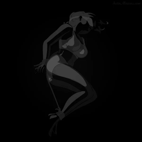 Cover: nude bound woman, wrists and ankles tied, in shadow — Satin Minions illustration Collar.