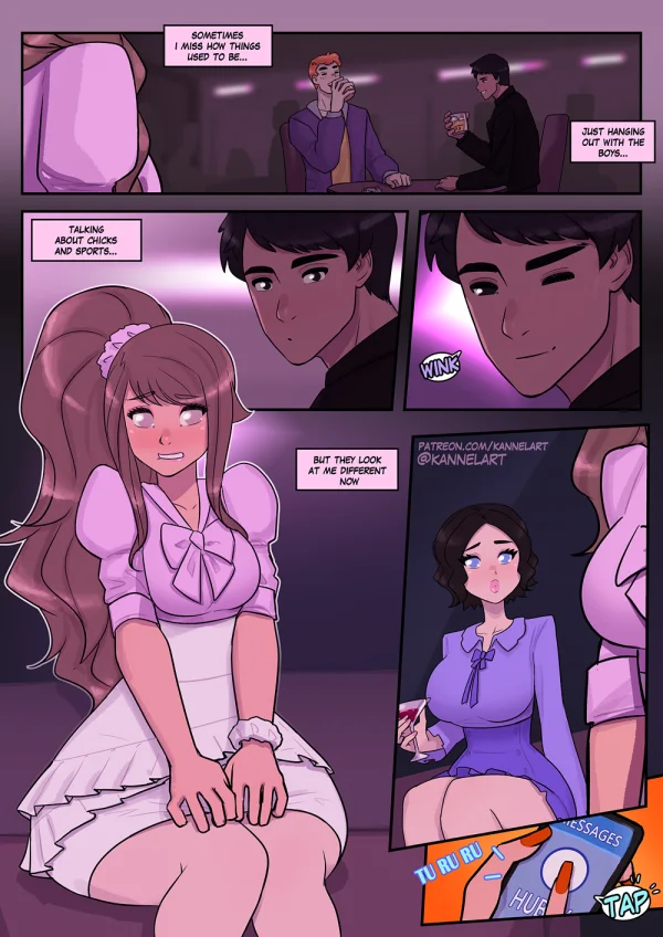 Comic: CYOA job path turns a guy into a pink-dress office girl who falls for her coworker.
