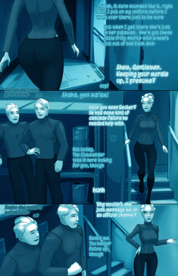 Cover: white-haired crew member holding a ration bar between two crewmates, Satin Minions comic Wetware: Network.