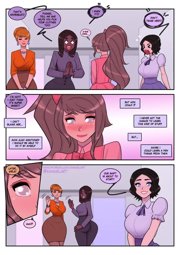 Comic: CYOA job path turns a guy into a pink-dress office girl who falls for her coworker.