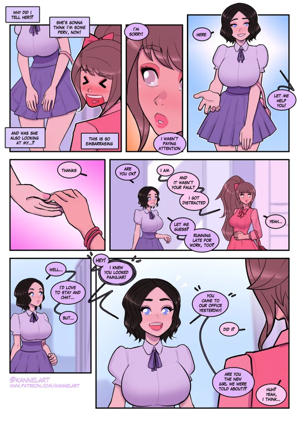 Comic: a job contract turns a guy into a cute office girl with a feminine ass and a new wardrobe.