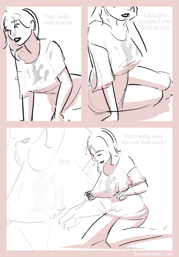 Day’s End cover: three sketch poses of a woman undressing for a Satin Minions comic.