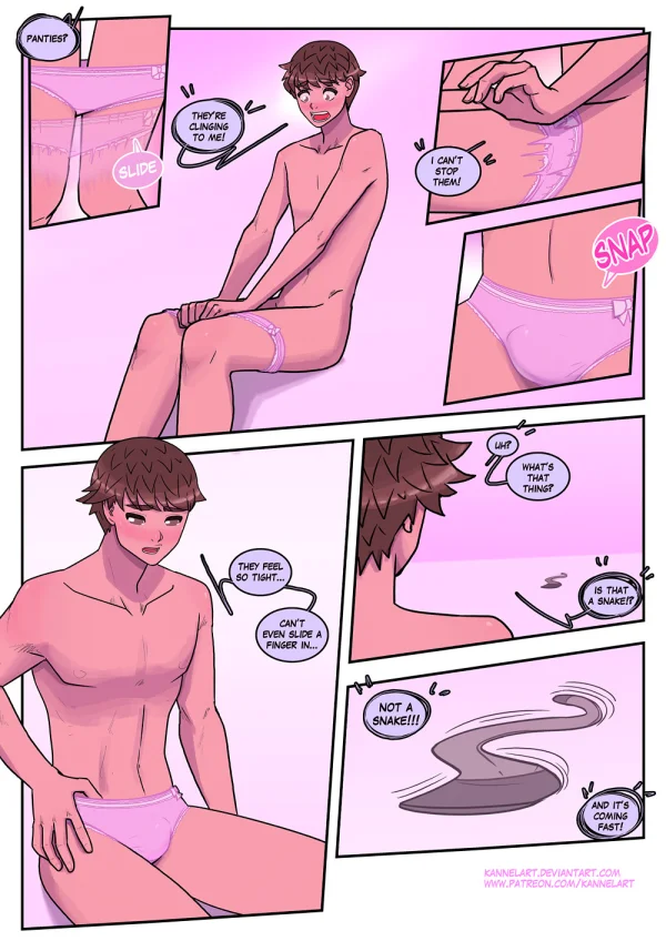Comic: CYOA job path turns a guy into a pink-dress office girl who falls for her coworker.