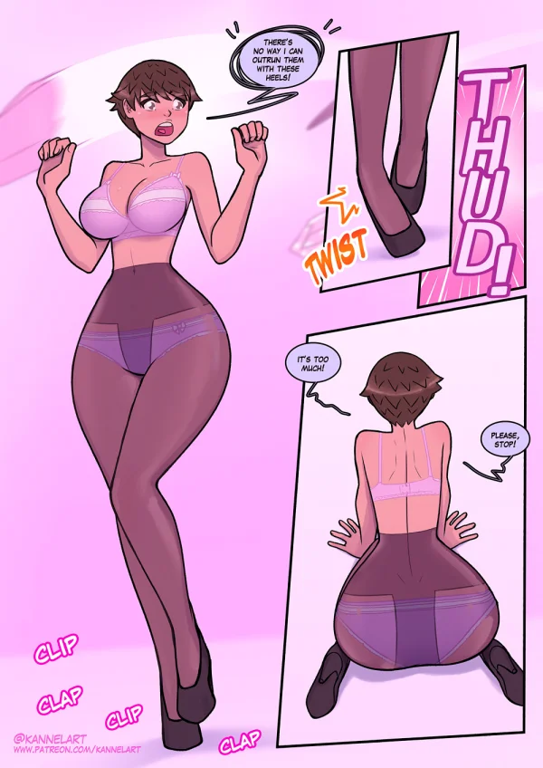 Comic: CYOA job path turns a guy into a pink-dress office girl who falls for her coworker.