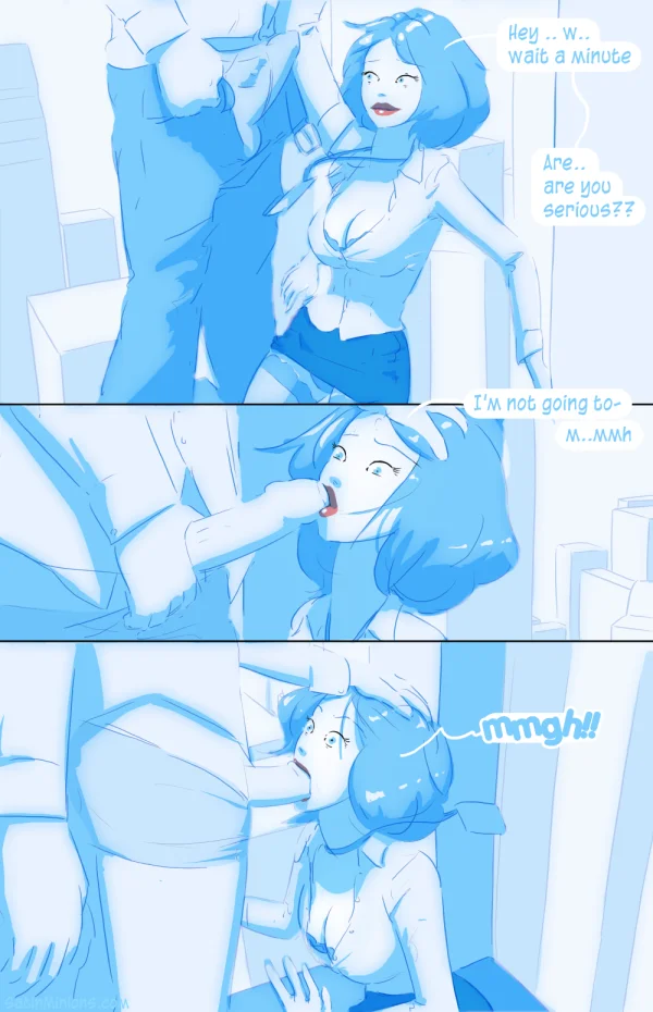 Cover: blue-haired office girl kneeling by a window for Satin Minions Entry Level Positions.