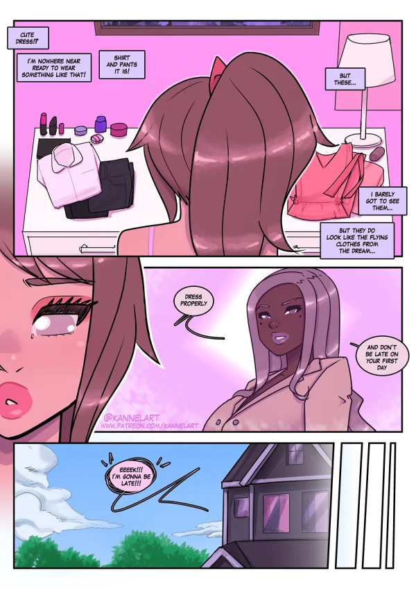 Comic: CYOA job path turns a guy into a pink-dress office girl who falls for her coworker.