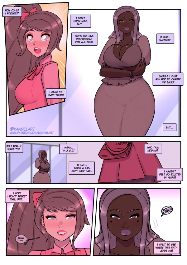 Comic: CYOA job path turns a guy into a pink-dress office girl who falls for her coworker.