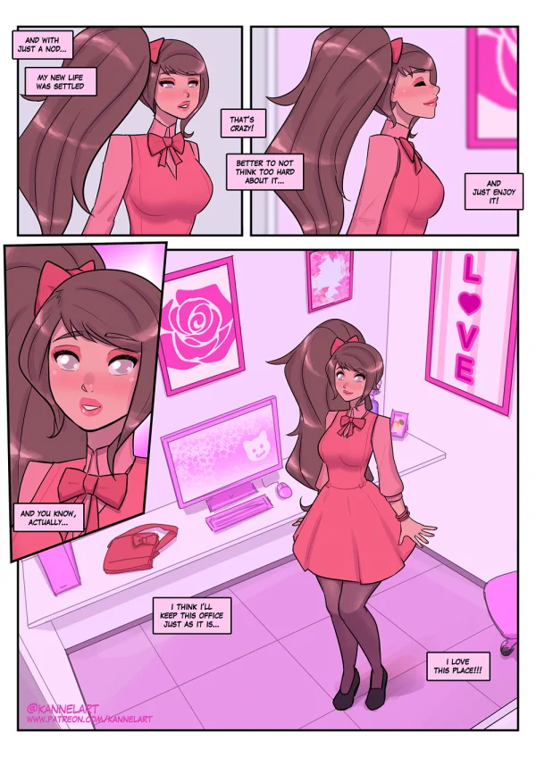 Comic: a job contract turns a guy into a cute office girl with a feminine ass and a new wardrobe.