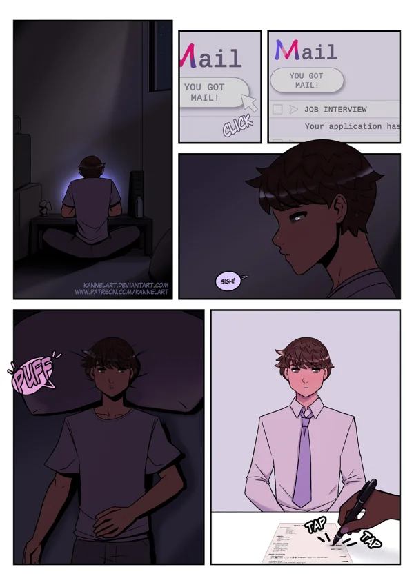 Comic: CYOA job path turns a guy into a pink-dress office girl who falls for her coworker.