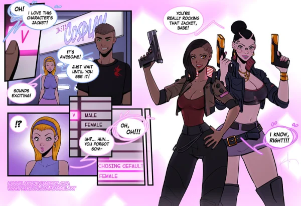 Comic: an Insta-Cosplay booth glitches and transforms a girl into V from Cyberpunk 2077.